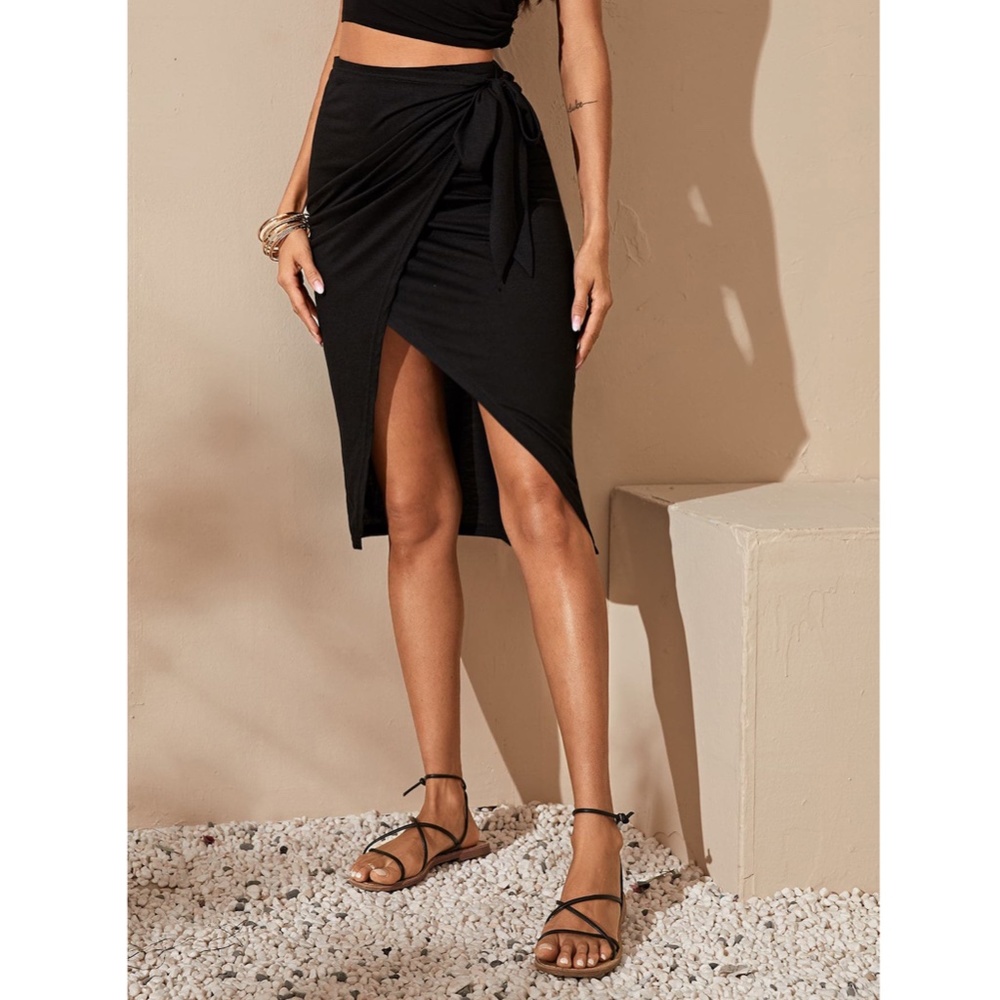 Wrap Asymmetrical Tie Side Black High Waist Skirt - Picture 2 of 7